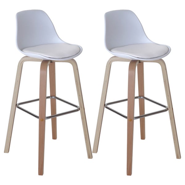 Zwei Barhocker mit Fußstütze und Holzelementen