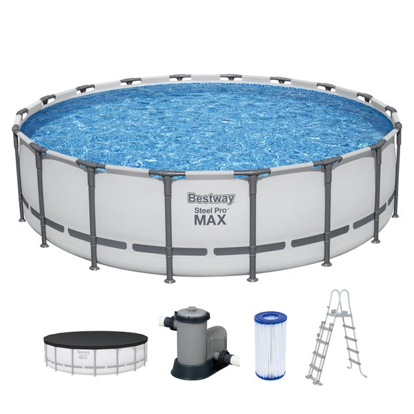 Bestway Steel Pro MAX runder Rahmenpool Set mit Poolabdeckung, Filterpumpe, Filterkartusche und Leiter.