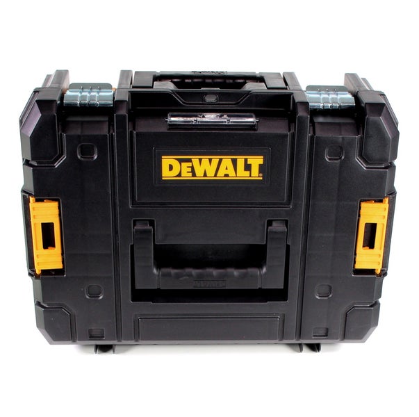 DeWALT TSTAK Werkzeugbox aus schwarzem Kunststoff mit gelben Seitenverschlüssen und Tragegriff.