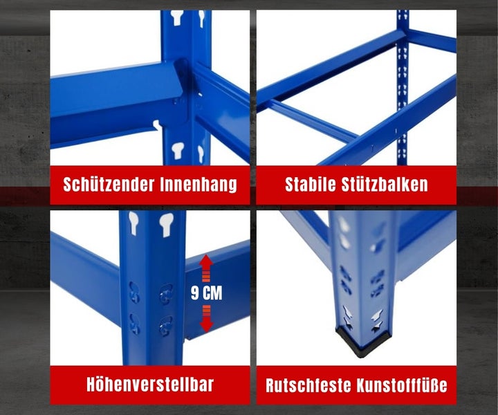 Details eines Metallregals: schützender Innenhang, stabile Stützbalken, in 9 Zentimeter Schritten höhenverstellbar und rutschfeste Kunststofffüße.