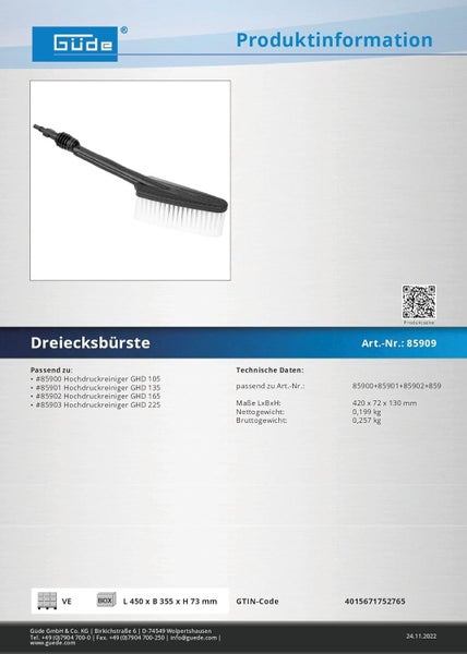 Güde Logo, Dreiecksbürste für Hochdruckreiniger, schwarzer Kunststoff mit weißen Borsten, Abmessungen 420 mal 72 mal 130 Millimeter.