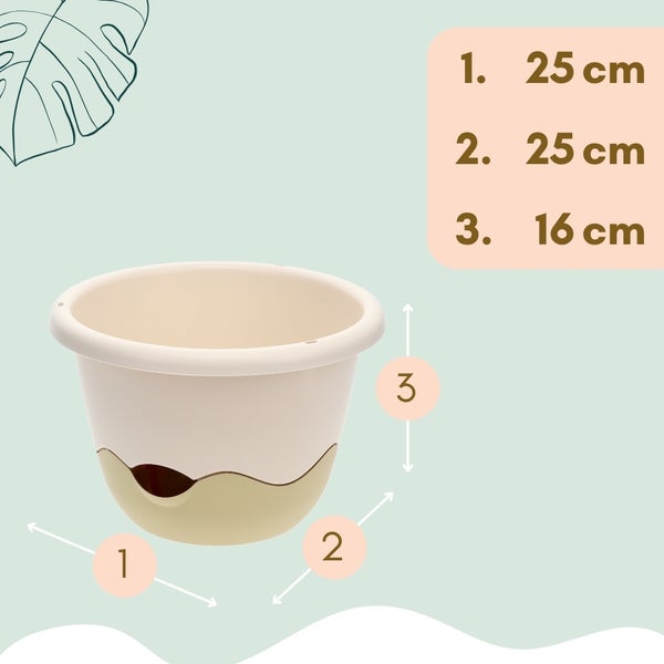 Abbildung eines Pflanzgefäßes mit Maßangaben von 25 cm, 25 cm und 16 cm.