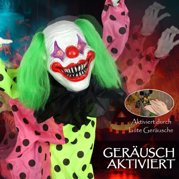 Gruselige Halloween Horrorclown Dekoration mit Geräuschaktivierung und leuchtenden Augen.