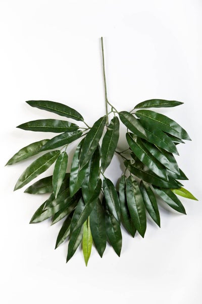 Künstlicher Zweig mit grünen länglichen Blättern für die Dekoration.