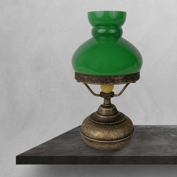 Tischlampe mit grünem Glasschirm und antikem Messingfuß