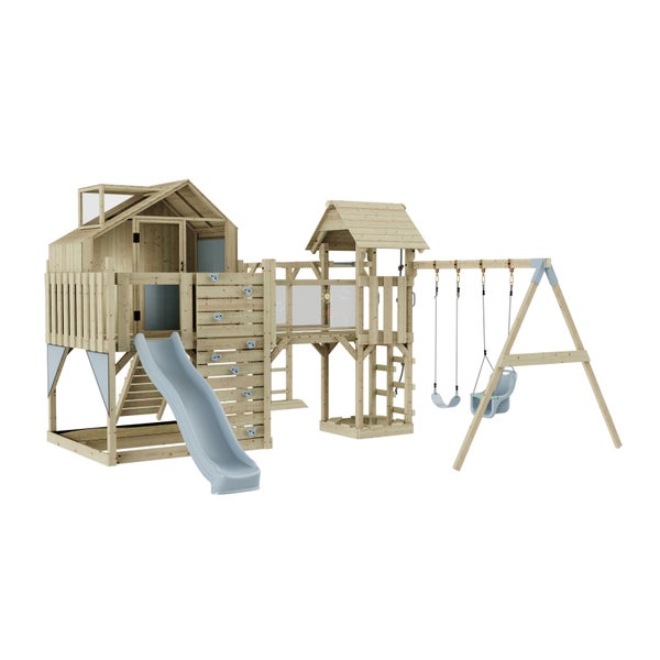 Spielplatz mit Spielhaus, Rutsche und Schaukel aus Holz