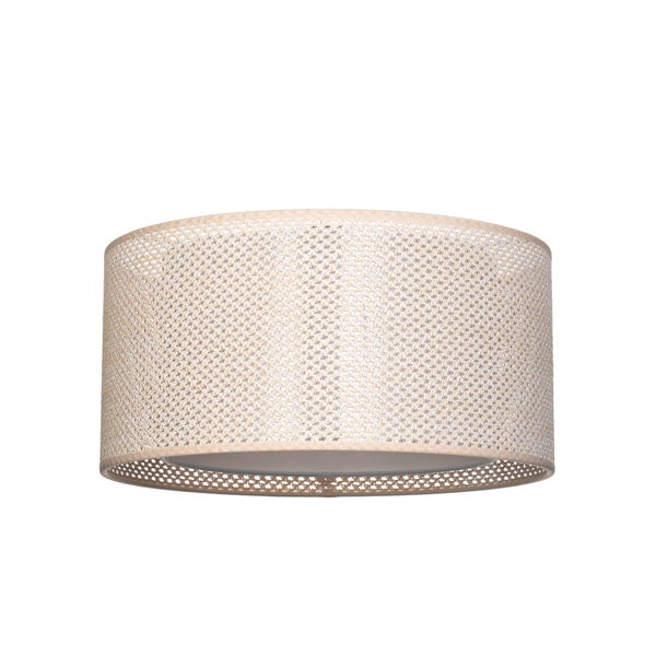 Zylindrische Deckenleuchte mit fein gewebtem Textilschirm.