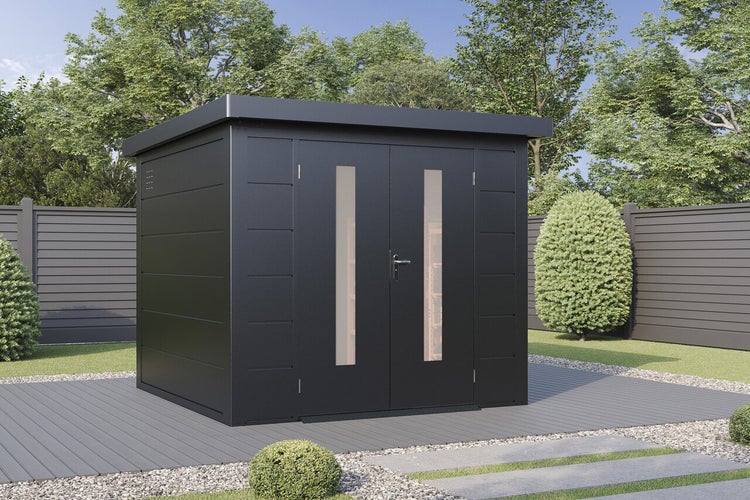 Modernes Gartenhaus aus Metall mit Pultdach und Doppeltür mit Glaseinsätzen, auf einer Terrasse im Garten platziert.
