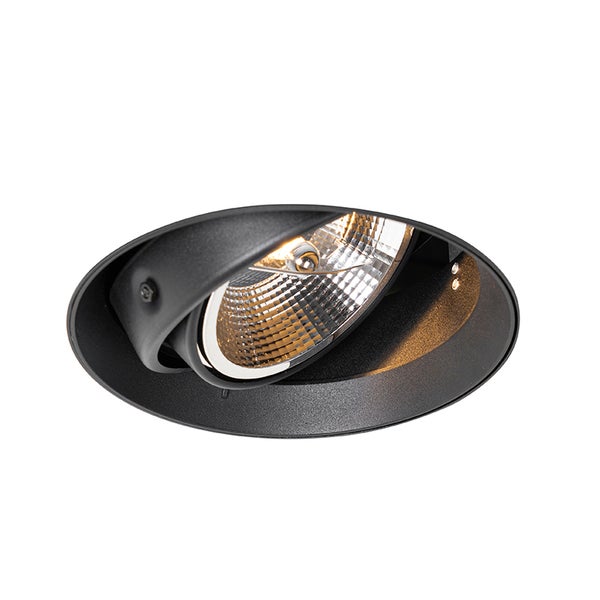 Schwenkbarer Einbaustrahler aus Metall in Schwarz mit rundem Gehäuse und facettiertem Reflektor.
