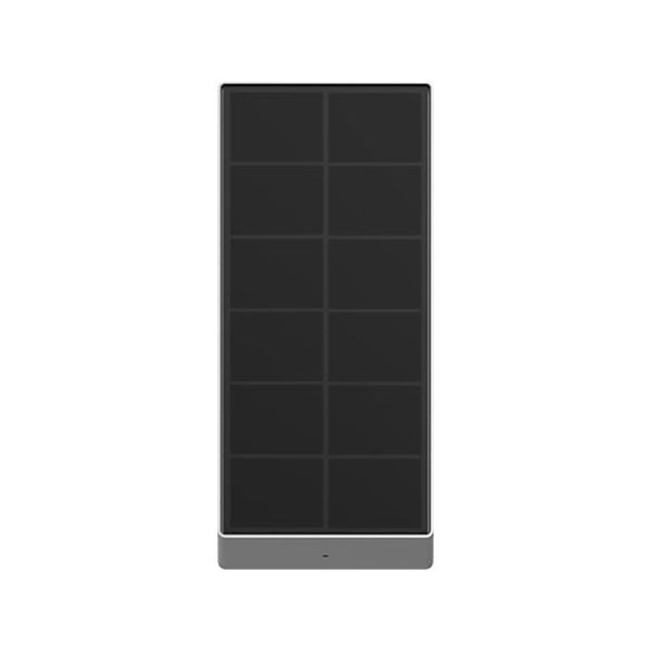 Rechteckiges monokristallines Solarpanel mit dunklen Zellen und grauem Sockel für die Stromversorgung.