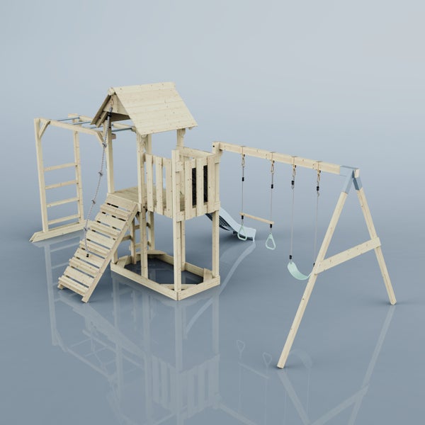 OutdoorToys Spielturm Strömsund aus Holz in Blau Trapezstange