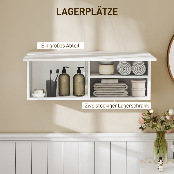 Weißer Hängeschrank mit nach oben öffnender Klapptür, Gasdruckfedern und hochwertigen Scharnieren.