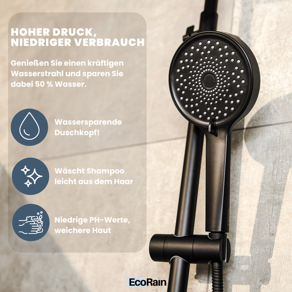 EcoRain 50% Wassersparender Duschkopf Jet 12 CM mit Wasserfilter - 3 Strahlarten - Hoher Wasserdruck - Universeller Anschluss - Anti-Kalk Duschkopf - Schwarz