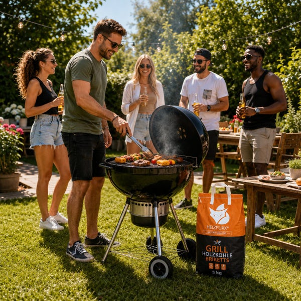Freunde beim Grillen im Garten mit einem Kugelgrill und einem Sack Heizfuxx Grill Holzkohle Briketts auf dem Rasen.