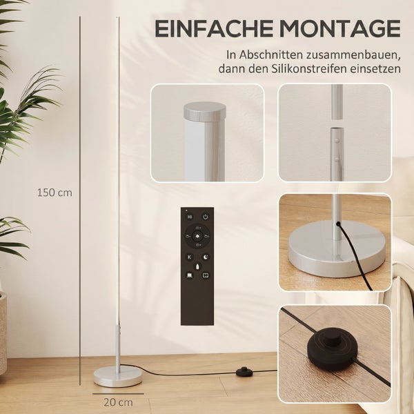 Moderne LED Stehleuchte, 150 Zentimeter hoch, 20 Zentimeter Fussbreite, Fernbedienung, Fussschalter und Montagedetails in hellem Raum.