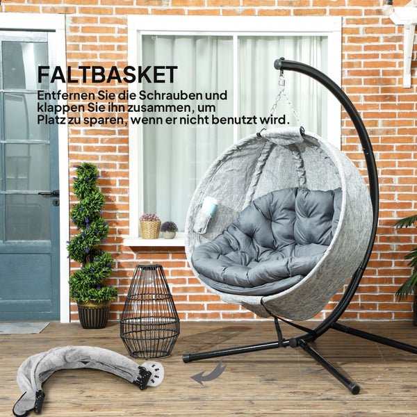Outsunny Eiförmiger Hängesessel mit Gestell, faltbar Hängeschaukel mit Becherhalter, abnehmbar waschbar Sitz, Gestell, Hängematte, Schaukelsessel für Außenbereich Terrasse, Garten, Grau