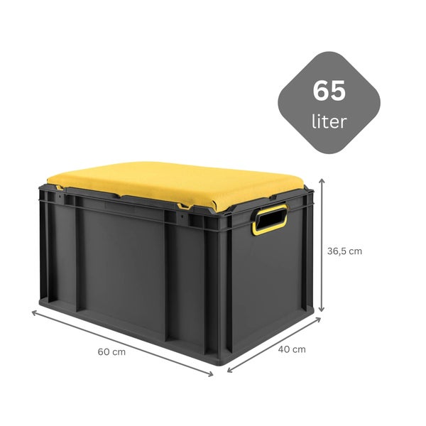 Graue Kunststoffbox mit gelbem Deckel und Größenangaben