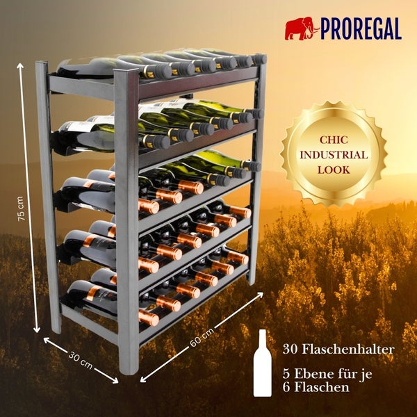 PROREGAL Weinregal TOSKANA HxBxT 75x60x30 cm 30 Flaschen auf 5 Ebenen Schwarz Wein Metallregal Weinständer Flaschenständer