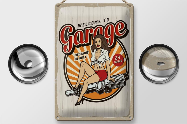 Blechschild Spruch Pinup Welcome to Garage Mechanic on 20x30cm