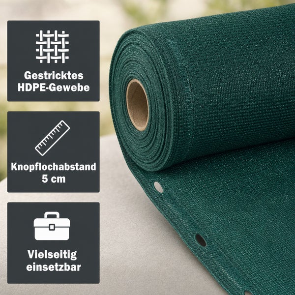 Rolle aus gestricktem HDPE-Gewebe als Sichtschutz mit Knopflochabstand von 5 Zentimetern, vielseitig einsetzbar.