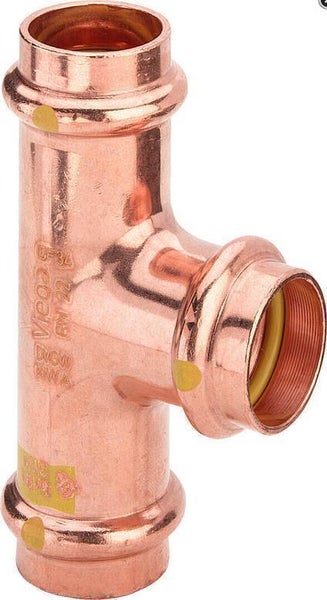 Viega Profipress G T-Stück aus Kupfer für Gasinstallationen mit drei Pressanschlüssen.