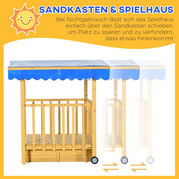 Sandkasten mit Spielhaus aus Holz mit Rädern zum einfachen Verschieben