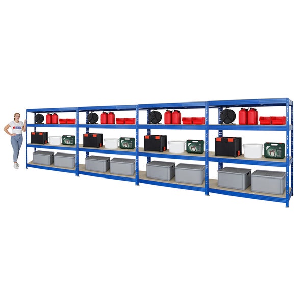PROREGAL Mega Deal 4x Profi Schwerlastregal Rhino HxBxT 180 x 160 x 60 cm 4 Spanplatten-Ebenen 16mm Fachlast 500 kg Blau