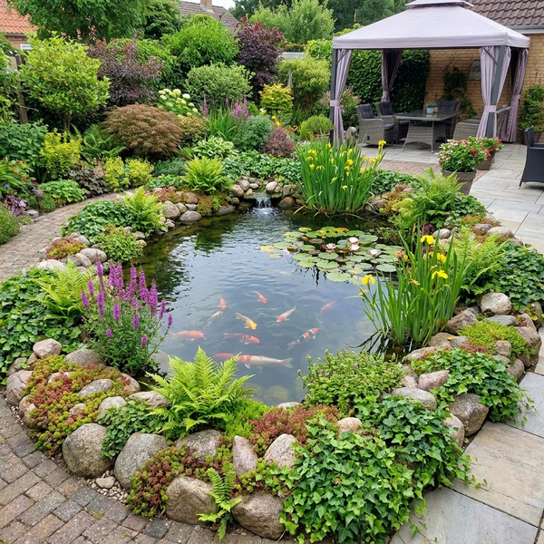 Ein angelegter Gartenteich mit Koi-Karpfen, umrandet von Natursteinen und üppiger Bepflanzung. Im Hintergrund ein Gartenpavillon mit Sitzgruppe.