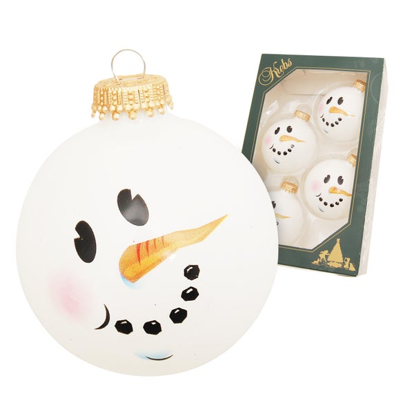 Porzellanweiß/Schneeweiß 7cm Glaskugel mt Schneemann-Gesicht dekoriert, 4 Stck., Weihnachtsbaumkugeln, Christbaumschmuck, Weihnachtsbaumanhänger