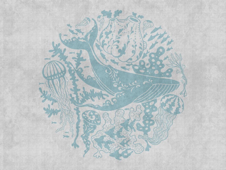 Illustration mit Wal, Quallen, Korallen und Fischen