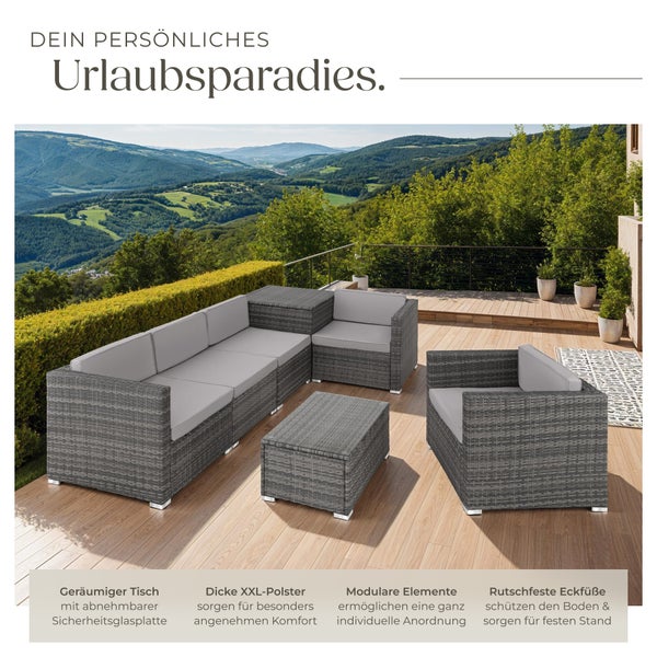 Rattan Lounge tectake Pisa inklusive großer Aufbewahrungsbox für 5 Personen grau
