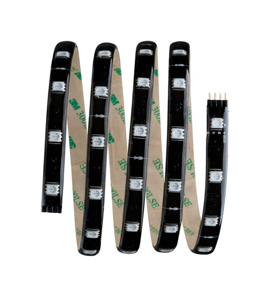 Abmessungen eines LED-Streifens mit Netzteil und Kabeln.