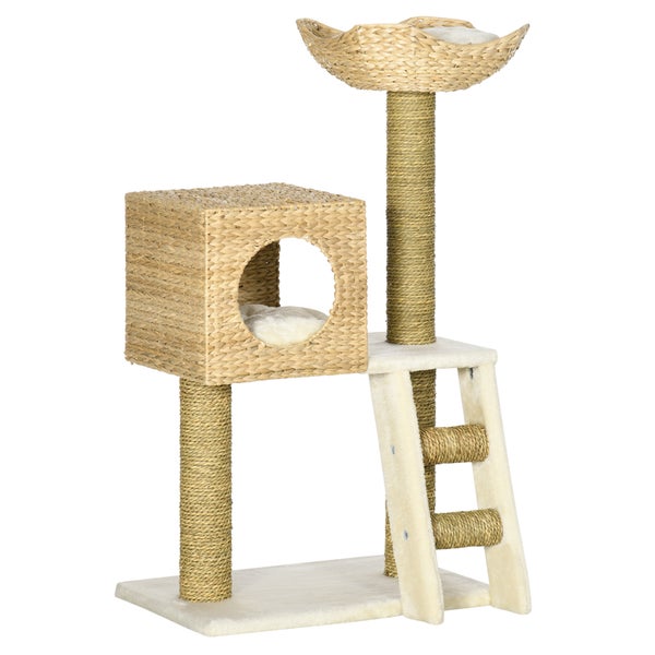 PawHut Kratzbaum 100,5 cm Katzenbaum mit Katzenhöhle, Bett, Treppe, Katzenkratzbaum mit Sisal-Kratzsäulen, Kissen, für Katzen bis 4,5 kg, Natur