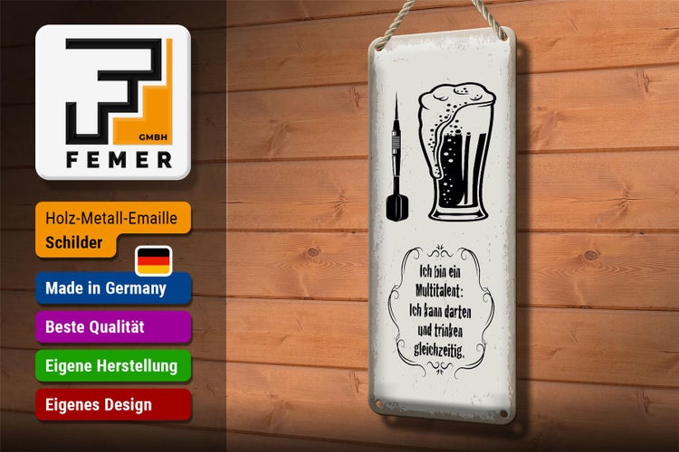 Blechschild Spruch Multitalent kann trinken Darten 10x27cm