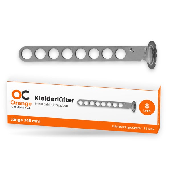 Klappbarer Kleiderlüfter aus gebürstetem Edelstahl mit 8 Löchern und einer Länge von 345 Millimeter inklusive Verpackung Orange Commerce Logo