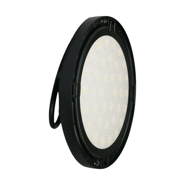 Runde LED Arbeitsleuchte mit schwarzem Gehäuse und Tragegriff, mehrere Leuchtdioden hinter der Diffusorscheibe sichtbar.