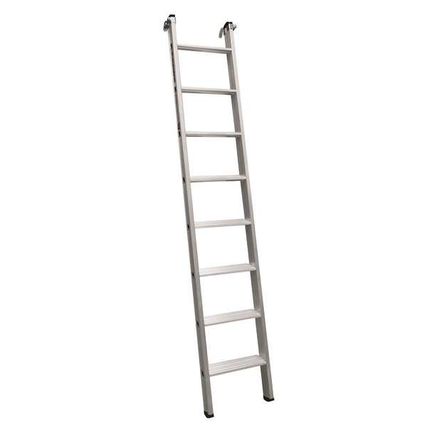 Anlegeleiter aus Aluminium mit acht Sprossen und rutschfesten Endkappen fuer sicheren Stand.