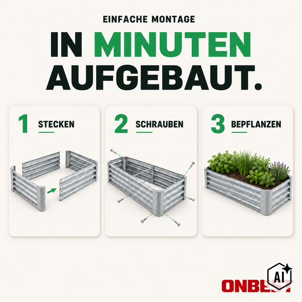 Infografik zur Montage des ONBEST Metall-Hochbeets in drei Schritten: Zusammenstecken, Verschrauben und Bepflanzen. ONBEST Logo.