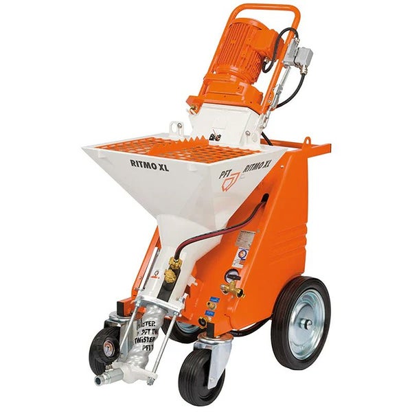 PFT Mischpumpe Ritmo XL für Putze und Mörtel, fahrbar mit Rollen, in Orange und Weiß.