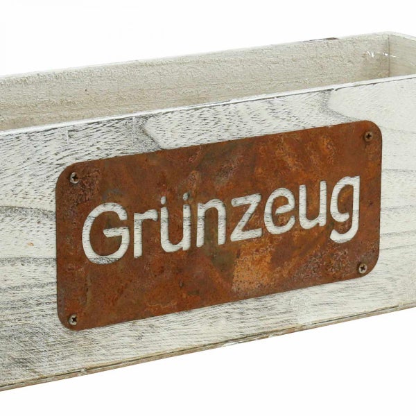 Holzkiste mit Metallschild Grünzeug