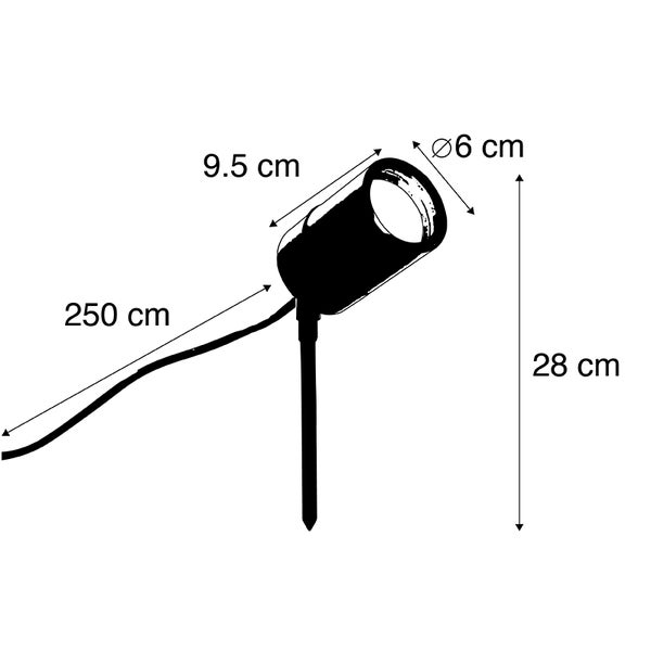 Gartenstrahler mit Erdspieß: Gesamthöhe 28 Zentimeter, Kopf 9,5 Zentimeter, Durchmesser 6 Zentimeter, Kabellänge 250 Zentimeter.