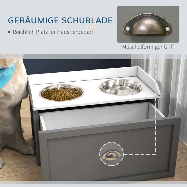 PawHut Hundenapf, 2 x 2L Futternapf, erhöhter Fressnapf mit Schublade, Edelstahlnapf, Futterstation für große Hunde, Grau