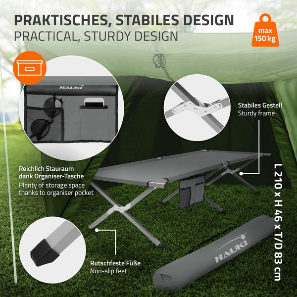 Hauki Campingbett klappbar, Grau, 210x83x46 cm, XL Feldbett mit Tragetasche, Seitentasche, Metallrohr, Belastbarkeit bis 150kg, Gästebett tragbar, Outdoor, Campingliege stabil, Klappbett für Reisen
