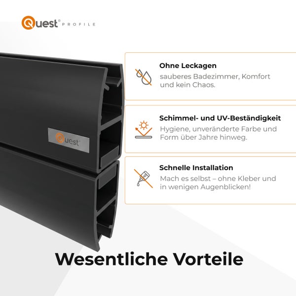 Quest Profile Dichtungsprofil mit Vorteilen: wasserdicht, schimmelresistent, UV-beständig und einfache Installation ohne Kleber. Quest Profile Logo.