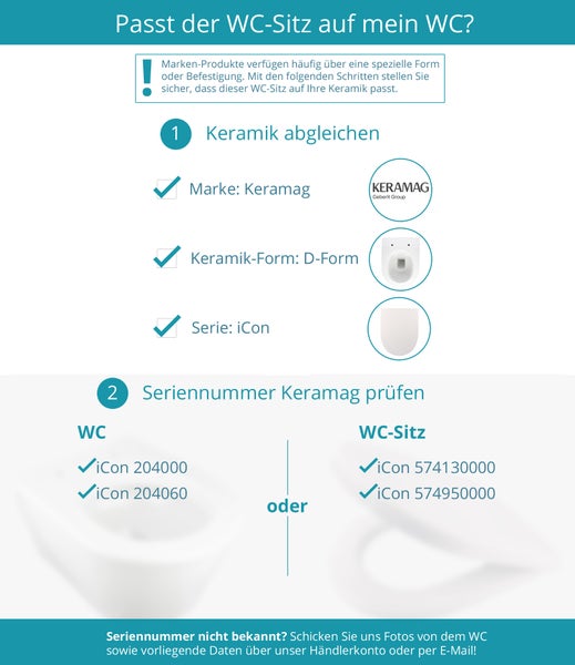 Calmwaters® WC Sitz für Keramag iCon 204000 & 204060, Antibakterieller Toilettendeckel D-Form, mit rostbeständigen Metall-Scharnieren, überlappend, aus Duroplast, Weiß - 26LP5381