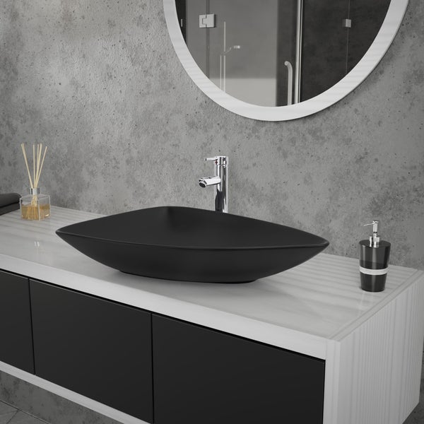 ML-Design Waschbecken aus Keramik Schwarz matt 69x46x13 cm Dreieckig inkl. Ablaufgarnitur, Moderne Aufsatzwaschbecken, Design Waschtisch Aufsatz-Waschschale Waschplatz Handwaschbecken, für Badezimmer