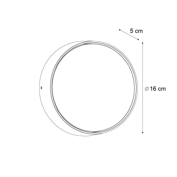 Maßzeichnung einer runden Leuchte mit einem Durchmesser von 16 Zentimetern und einer Tiefe von 5 Zentimetern.