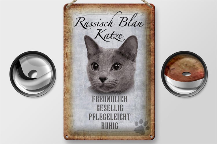 Blechschild Spruch 20x30cm russisch blau Katze Schild