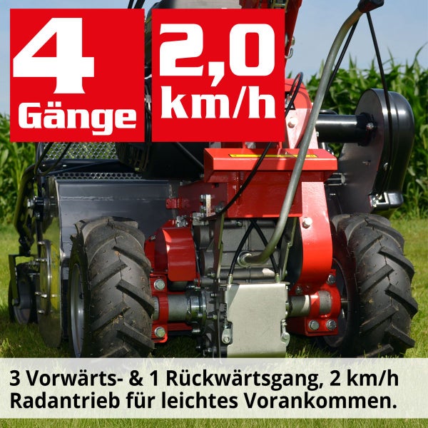 Motorhacke mit vier Gängen und einer Geschwindigkeit von 2,0 Kilometern pro Stunde.