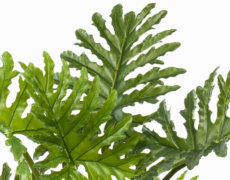 Künstlicher Philodendron Selloum mit großen, tief eingeschnittenen grünen Blättern und sichtbaren Blattadern.
